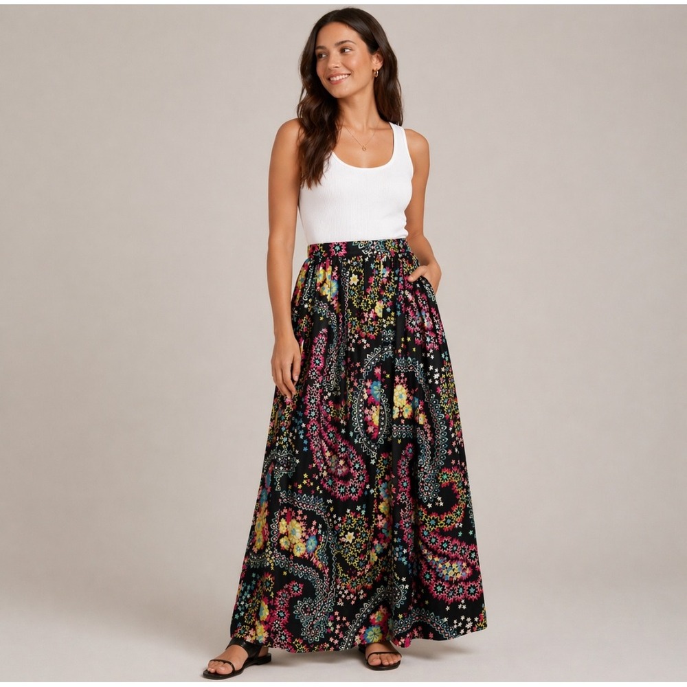 Womens Boho Paisley Floral Maxi Skirt Size S High Waist Brown Pink Festival